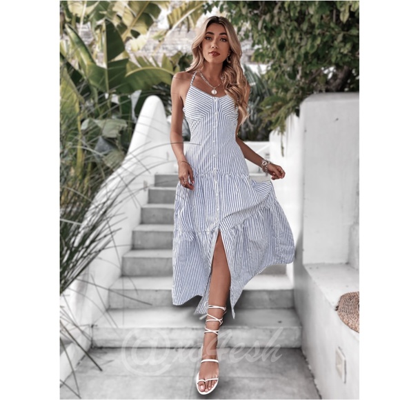 Striped Boho Maxi Button Front White Dress - Picture 5 of 8